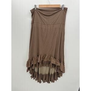 Paisley Vine Women Brown Tiered Ruffle Skirt Size L Stretch Boho Artsy Lagenlook
